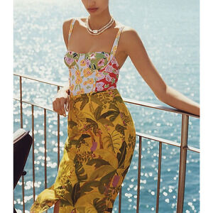 Farm Rio 'Banana' Yellow Linen Blend Leaf Midi Skirt Size S